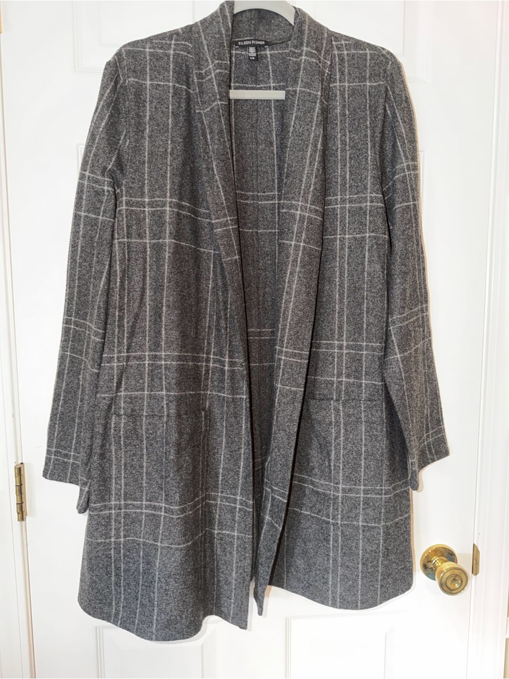Eileen Fisher Wool Blend Gray Windowpane Open-Front Cardigan
